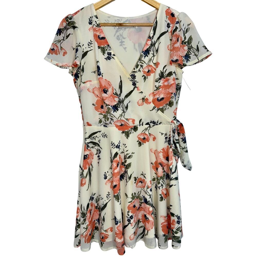 Abercrombie & Fitch Cream Blue Floral Short Sleeve Wrap Mini Dress Womens Size S
